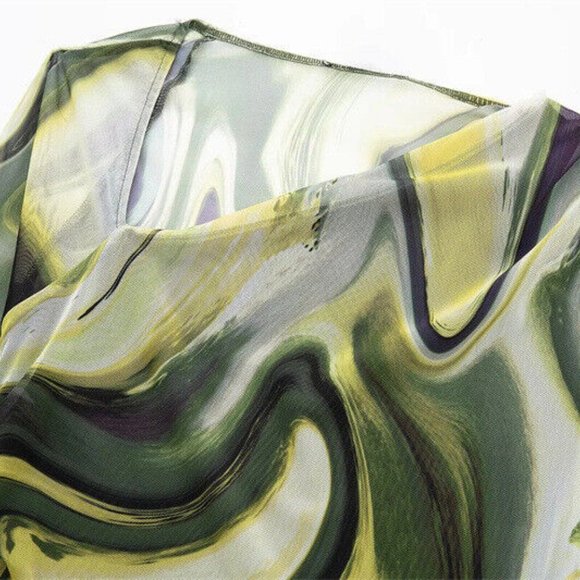 New Green Marble Swirl Mesh Asymmetric Top Size Large Like Zara - Picture 3 of 6